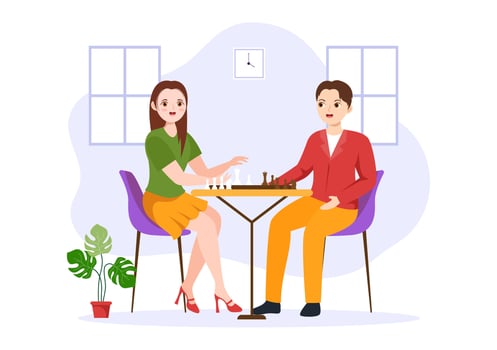 Chess Board Game Illustration with People Sitting Opposite and Playing for Web Banner or Landing Page in Cartoon Hand Drawn Templates Illustration vector