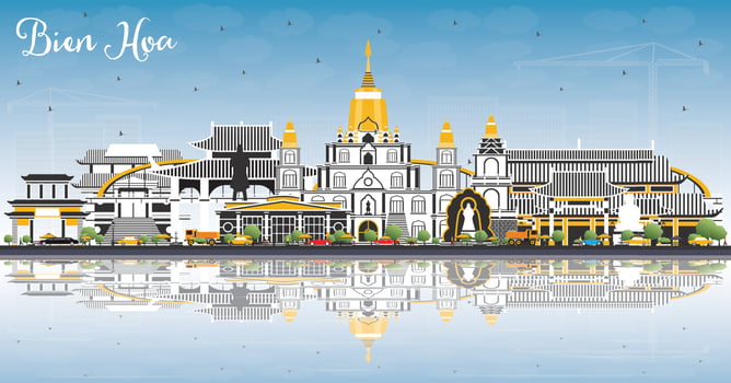 Bien Hoa Vietnam City Skyline with Gray Buildings, Blue Sky and Reflections. vector