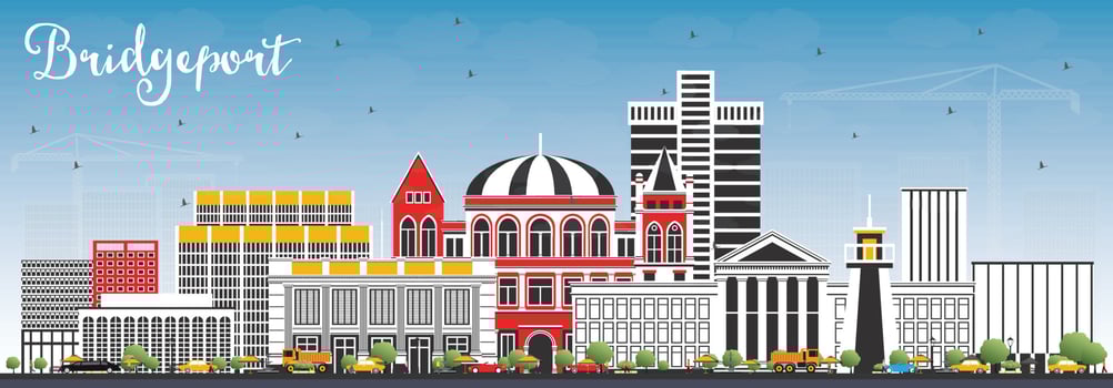 Bridgeport Connecticut City Skyline with Color Buildings and Blue Sky. vector
