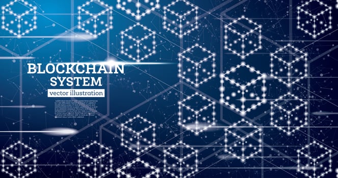 Blockchain Neon Outline Concept on Blue Background. vector