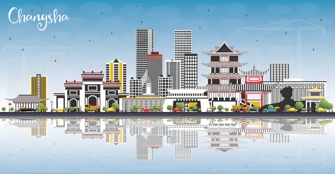 Changsha China City Skyline with Gray Buildings, Blue Sky and Reflections. vector