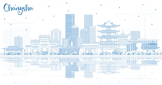 Outline Changsha China City Skyline with Blue Buildings and Reflections. vector