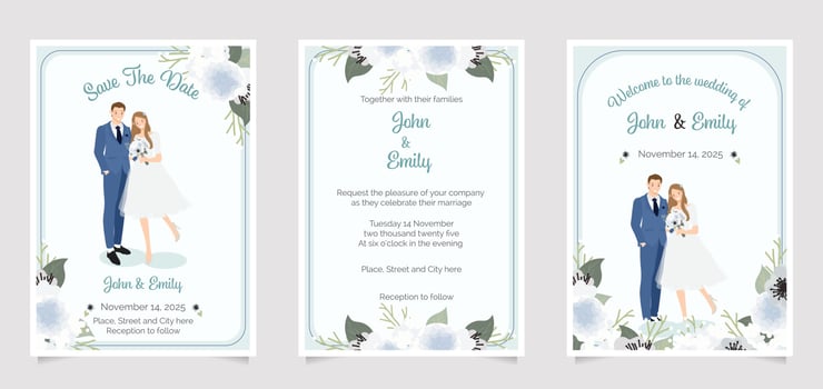 beautiful flat style young wedding couple on blue and white flower bouquet invitation template collection vector