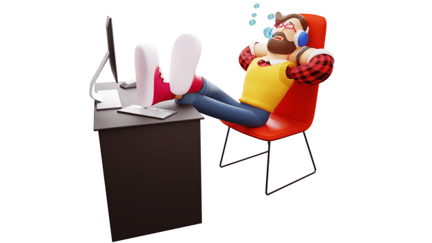 3D illustration. Tired young boy 3D Cartoon Character. The young man was exhausted and fell asleep at the computer. He fell asleep with his feet on the table. 3D Cartoon Character png