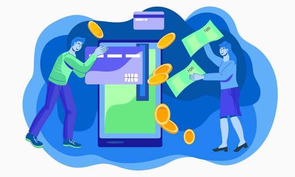 Mobile payment and online banking with people characters withdrawing cash and paying online. Credit card and money transfer. Vector illustration isolated.