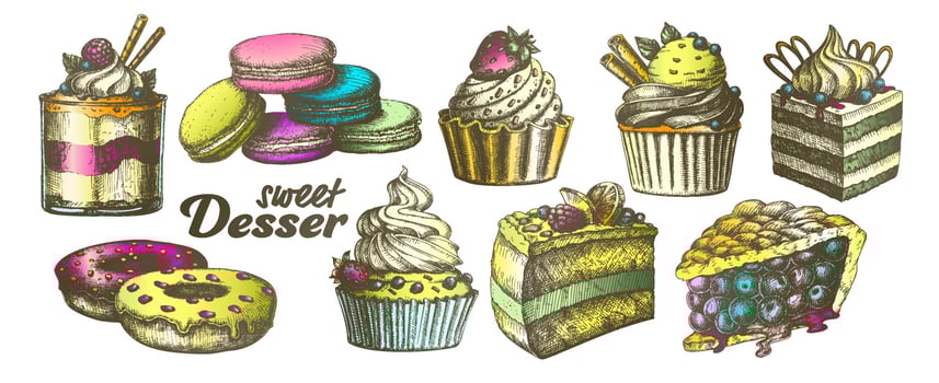 Color Assortment Baked Sweet Dessert Set Vintage Vector