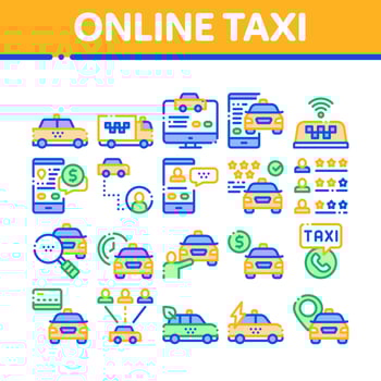 Online Taxi Collection Elements Icons Set Vector