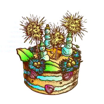 Christmas Cake Decorated With Snowmen Ink Vector