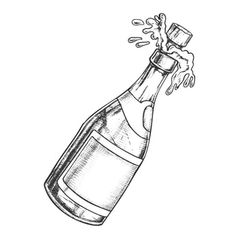 Champagne Blank Bottle Explosion Monochrome Vector