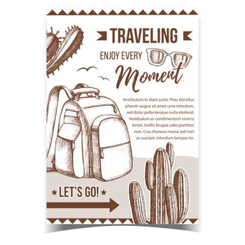 Traveling Backpack On Desert Sand Banner Vector