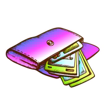 Wallet With Money Banknotes Monochrome Vector