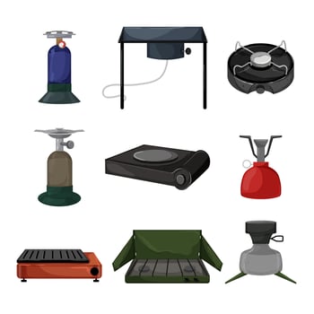 stove camp set cartoon vector illustration