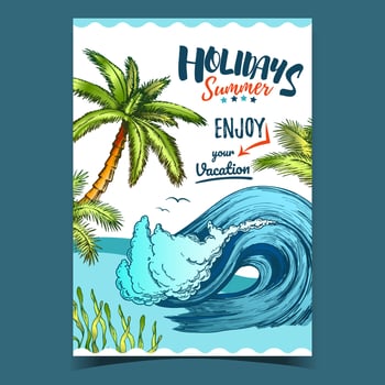 Sea Wave, Seaweed And Palm Trees Banner Vector