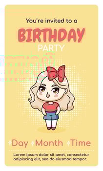 Happy birthday vertical invitation card with cartoon kawaii anime girl. Vector illustration for celebrating date birth. Web or print design.