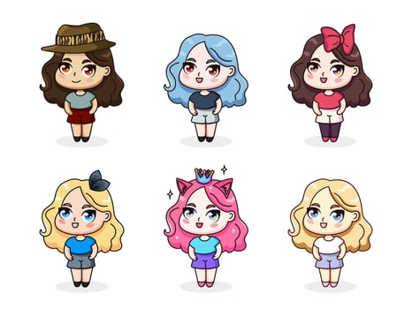 Collection of cute isolated anime girls illustrations with different accessories and different hair color. Vector chibi stickers or badges. Vector illustrations for any use.