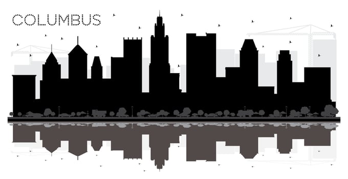 Columbus Ohio City skyline black and white silhouette with Reflections. vector