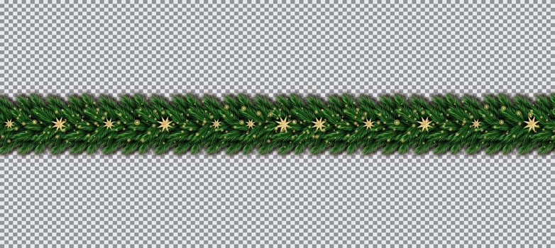 Border with Christmas Tree Branches and Golden Stars on Transparent Background. vector