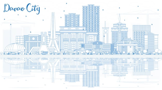 Outline Davao City Philippines Skyline with Blue Buildings and Reflections. vector