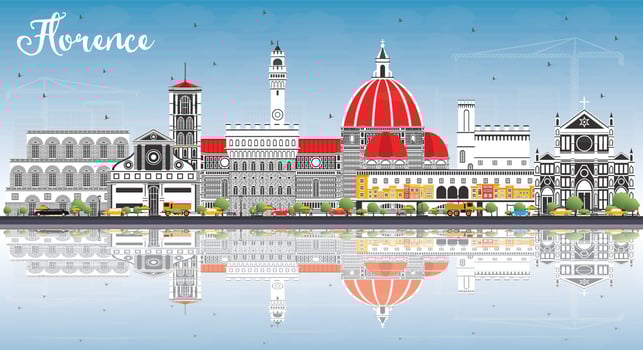 Florence Italy City Skyline with Color Buildings, Blue Sky and Reflections. vector