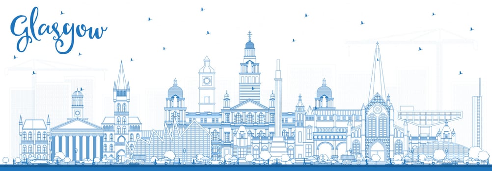 Outline Glasgow Scotland City Skyline with Blue Buildings. vector