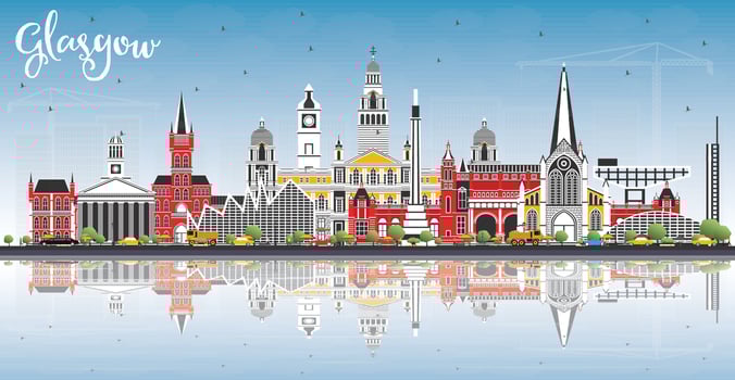 Glasgow Scotland City Skyline with Color Buildings, Blue Sky and Reflections. vector