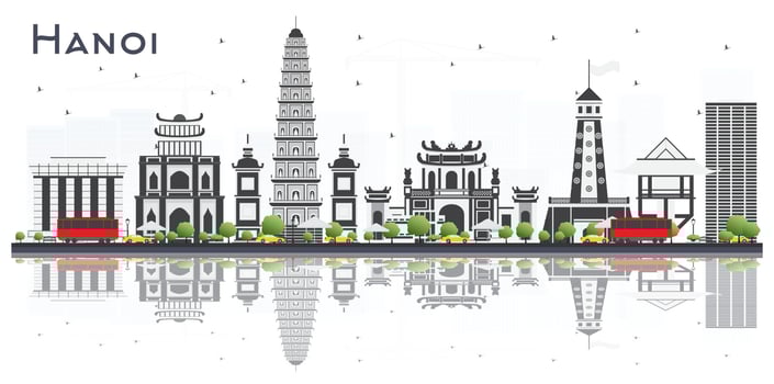Hanoi Vietnam City Skyline with Gray Buildings and Reflections Isolated on White Background. vector