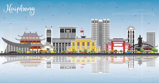Haiphong Vietnam City Skyline with Gray Buildings, Blue Sky and Reflections. vector