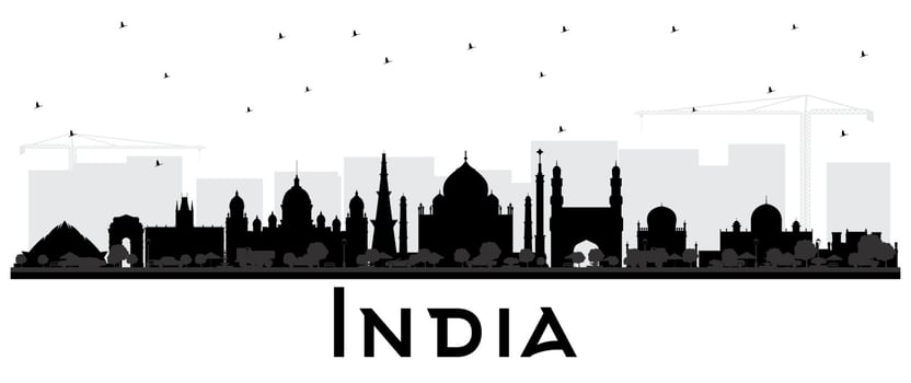India City Skyline Silhouette with Black Buildings Isolated on White. vector