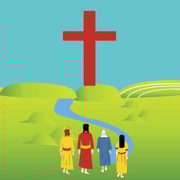 people walking towards the cross vector