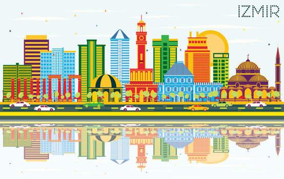 Izmir Turkey City Skyline with Color Buildings, Blue Sky and Reflections. vector