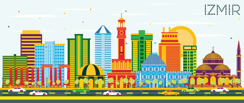 Izmir Turkey City Skyline with Color Buildings and Blue Sky. vector