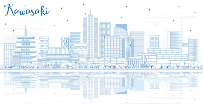 Outline Kawasaki Japan City Skyline with Blue Buildings and Reflections. vector