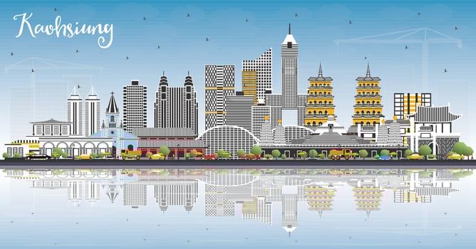 Kaohsiung Taiwan City Skyline with Gray Buildings, Blue Sky and Reflections. vector