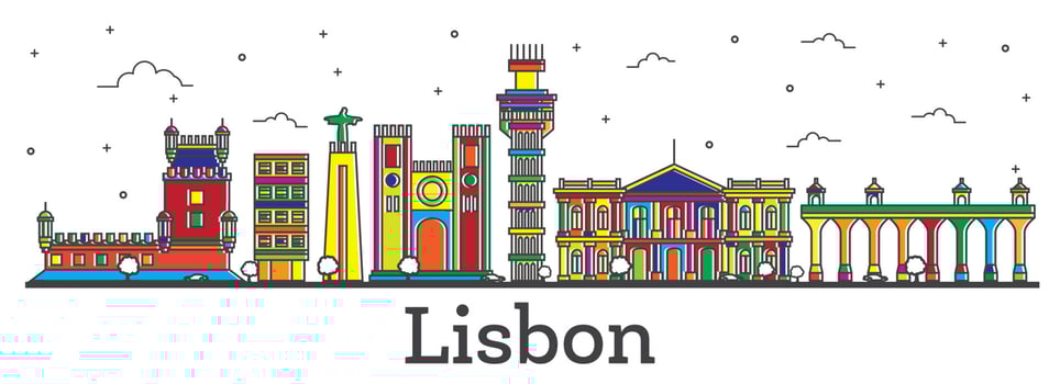 Outline Lisbon Portugal City Skyline with Color Buildings Isolated on White. vector