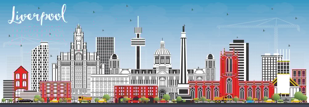 Liverpool Skyline with Color Buildings and Blue Sky. vector