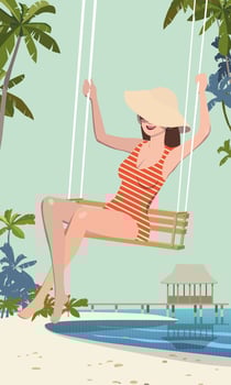 A girl in a striped swimsuit rides on a swing against the background of the beach. Vector. vector