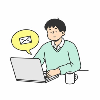 Man using computer to send emails. Concept of work from home or online meeting.  Hand drawn style vector doodle design illustrations