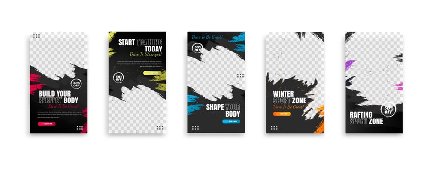 posts on social media vector illustration. Stylish graphics templates posts. dynamic abstractions typography photo. modern art paint and brush stains, fitness subjects gym. design frame post Template