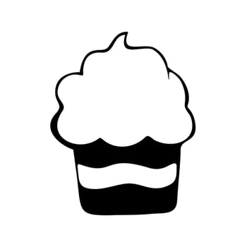 Monochrome fluffy cupcake on white background. Hand drawn cartoon style. Doodle for decoration or any design. Vector illustration of kid art.