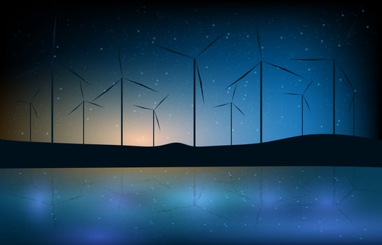 Renewable and eco friendly energy Concept. Technology windmill energy. Abstract windmill with sunrise, night sky, water and mountain on gradient blue background. Wind power turbine landscape vector. vector