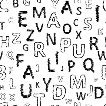 Doodle alphabet seamless background. Endless vector pattern with black letters on a white background.