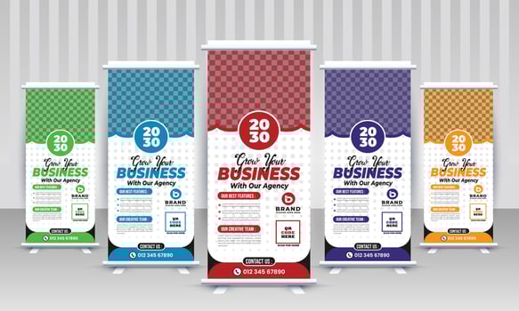 Corporate Business agency standee x rollup pullup signage retractable pop up outdoor trade show hoarding signboard banner design vector template for branding and marketing