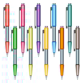 Set of multi-colored pens on a white background. Vector illustration.