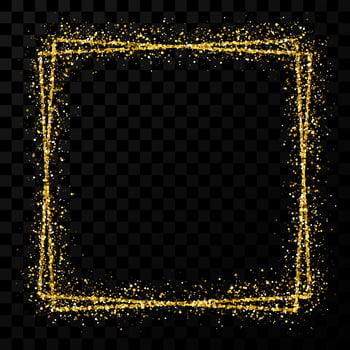 Gold double square frame. Modern shiny frame with light effects isolated on dark transparent background. Vector illustration.