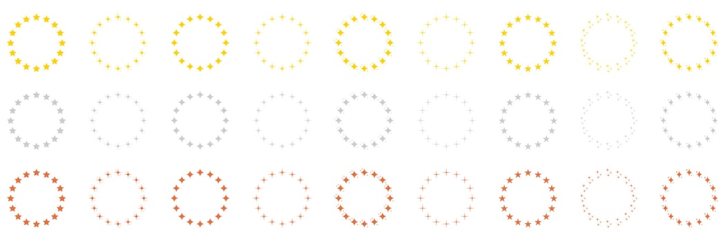 Stars in Circle Shape Silhouette Icon Set. Round Award Frame with Gold, Silver and Bronze Stars Pictogram. Circular Decor Ornament Icon on White Background. Isolated Vector Illustration.