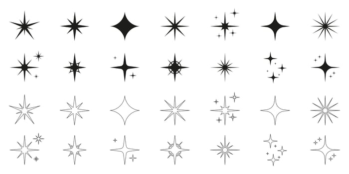 Sparkle Star Silhouette and Line Icon Set. Glow Spark Flash Stars Black Collection. Shine Burst Magic Decoration Symbol. Glistering Effect Light. Twinkle Flare. Isolated Vector Illustration.