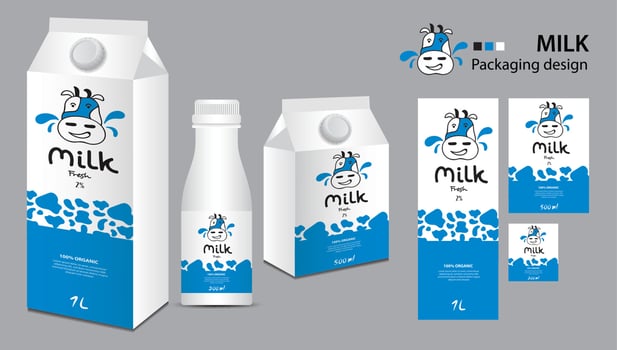 Milk package design, milk label design, Milk boxes set and bottle vector, box realistic 3d illustration, creative packaging template, product design, food banner, cute cow logo cartoon illustration vector