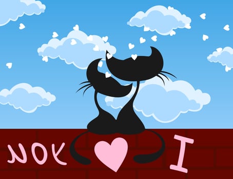 Enamoured cats sit on a roof. A vector illustration