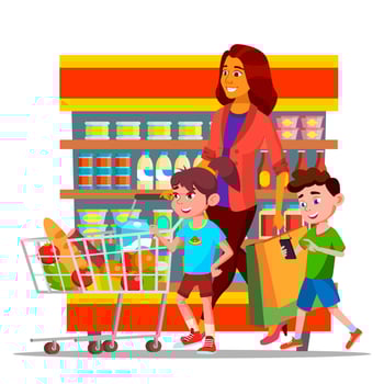 Mother With Children Shopping in Hypermarket Vector Characters