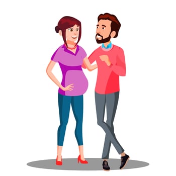 Young Family Couple, Man Takes Care Of A Pregnant Wife Vector. Isolated Illustration vector